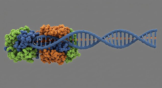 Conceptual 3 d render of dna strand and protein structure on gray background