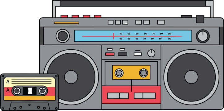 Retro boombox with cassette tape, vintage audio equipment, dual speakers, radio tuner, nostalgic music device vector illustration for entertainment design