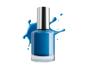 Vibrant blue nail polish with splash effect on transparent background