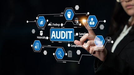 A professional visual representation showcasing the audit process with icons related to compliance, data analysis, and findings, ideal for business presentations and reports. Tessel