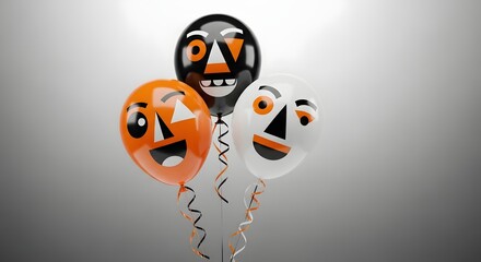 Fun Halloween balloons in black, orange, and white with cartoon faces, symbolizing festive joy, party decoration, creative design for seasonal events, children's fun, and joyful celebration.