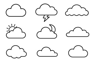 Simple weather icons featuring clouds, sun, moon, and lightning in minimalistic style