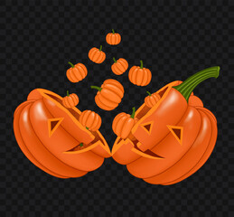 Halloween pumpkin split in half with pumpkins flying out on a transparent background. Vector illustration.
