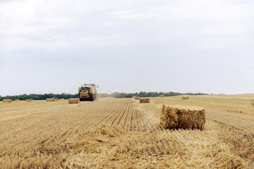 Harvesting Season: A Scenic View of a Tractor Baling Hay in a Golden Field Surrounded by Bundles of Freshly Cut Straw and Lush Greenery in the Background