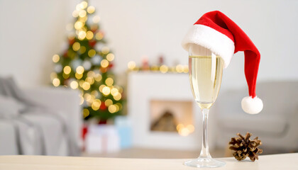 Fototapeta premium Sektglas mit Nikolausmütze im weihnachtlichen Wohnzimmer 