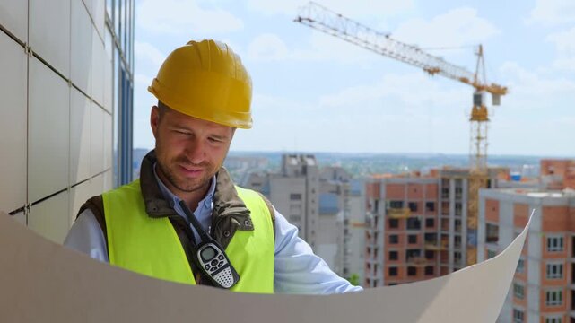 Handsome happy male worker engineer working on project documentation at a construction site. Caucasian man builder in helmet looking at arcitect plan draft. Close up, job concept