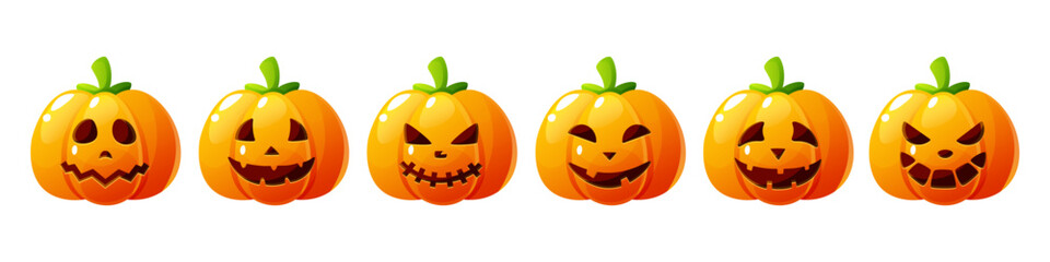 A set of Halloween pumpkins on a white background. Orange pumpkins with different facial expressions, including an emotion, eyes, and a smile. Clipart and icon for Halloween themed designs.