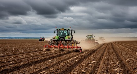 Obraz premium Medium shot of tractors plowing a vast field with dark clouds overhead preparing soil amidst an overcast atmosphere