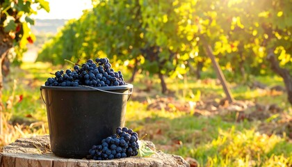 Freshly harvested grapes in a bucket on a tree stump in a vineyard at sunset