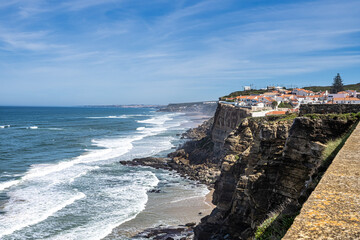 View from the cliffside walking trail of the scenic seaside town of Azenhas do Mar, Portugal