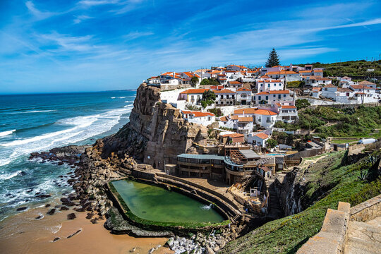 View from the cliffside walking trail of the scenic seaside town of Azenhas do Mar, Portugal