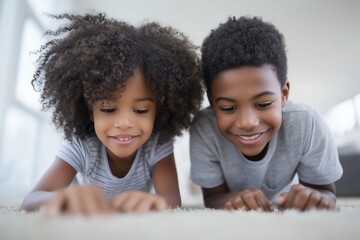 Obraz premium African American boy and girl smile as they lie on carpet