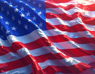 American flag waving in the sun.  Detailed close-up