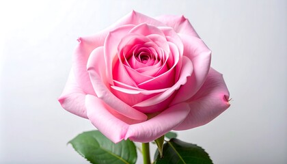 Obraz premium A fully bloomed, close-up photograph of a pink rose against a clean, white background, showing its soft petals and green foliage