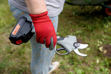 Close-Up of a Gardener Holding Electric Pruning Shears in a Lush Green Environment, Perfect for Efficiently Trimming Plants and Bushes with Ease and Precision
