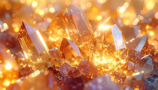 Golden crystals cluster, glowing light