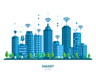Flat Vector Illustration of Smart City Skyline, Transparent Background