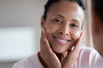 African American woman smiles, hands touching fresh face skin, feeling healthy, good skincare
