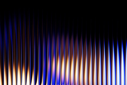Fototapeta Neon ribbed fractal glass 3d background with vertical striped texture and blue yellow radiant gradient. Abstract black bg with bright line pattern and wave fluorescent light effect. 3D illustration
