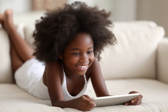 Little African American girl smiling, lying on comfortable sofa, using digital tablet