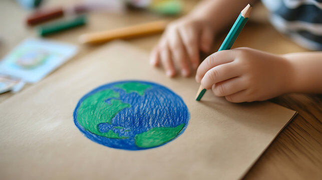 A child draws Earth with colored pencils on brown paper, showcasing creativity and environmental awareness. Earth Day activities.