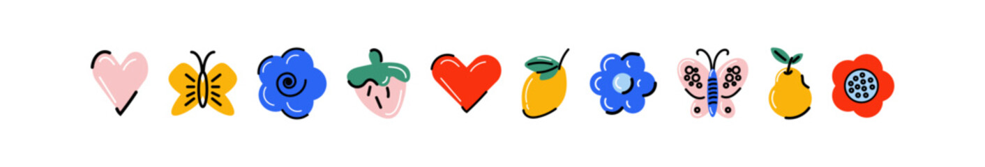 Cartoon retro hippie stickers set. Funky doodle elements with hearts, butterflies, flowers, and fruits. Bright colorful 90s psychedelic labels, patches, and stamps in vintage groovy style.