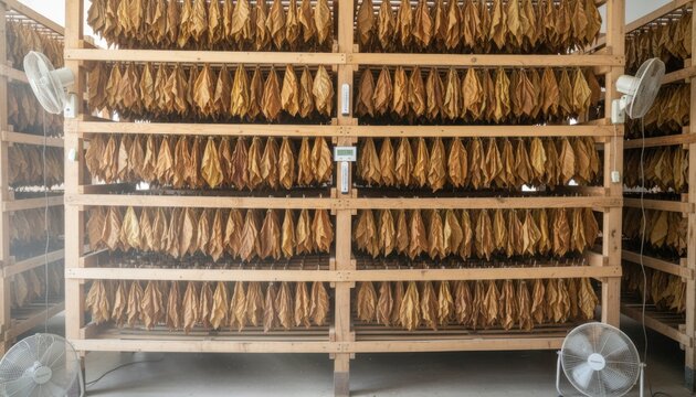 Medium shot of tobacco leaves stored in ventilated racks showcasing natural airflow techniques to maintain consistent leaf moisture