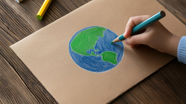 Child draws earth with colored pencils on cardboard. Green and blue represent land and water. Concept for Earth Day or environmental awareness. - Powered by Adobe