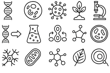 Various scientific symbols representing biology, microbiology, and research techniques on a clean background