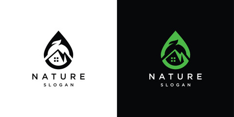 Water drop and house vector logo design. Modern and simple house symbol logo.