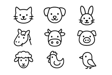 Cute and simple line drawings of animals including a cat, dog, rabbit, horse, cow, pig, sheep, chicken, and bird