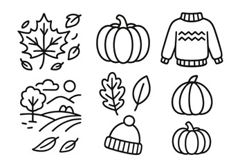 Autumn symbols including pumpkins, leaves, cozy sweater, and hat in a simple design