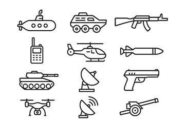 Collection of military and defense icons featuring vehicles, weapons, and communication devices in a simple design