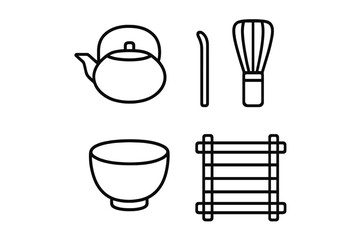 Tea preparation tools displayed with kettle, whisk, bowl, and bamboo mat on a white background