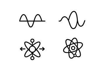 Collection of simple black line icons representing various scientific concepts and phenomena on a white background
