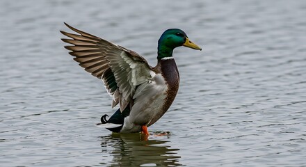 Fototapeta premium Mallard duck spreading wings over water wildlife bird animal photography