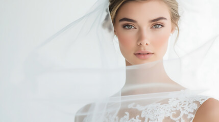Bridal portrait.  A woman wearing a white dress and veil, close-up portrait. Light complexion and fair hair. Ready for the wedding day, she is radiant.