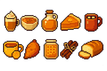 Autumn food icons set. cozy pixel art collection of seasonal treats