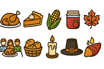 Thanksgiving flat icon set. harvest, holiday, food, family celebration, autumn icons