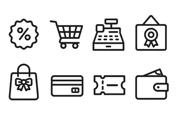 Shopping and retail line icon set. cart, bag, payment, discount line icons collection