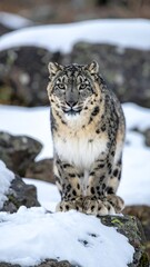 Obraz premium Snow leopard in snowy mountain landscape
