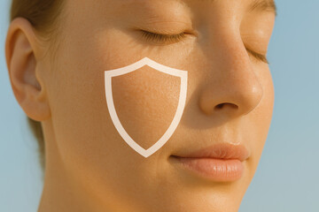 Young woman skin shield sunscreen daily skincare protection face closeup calm natural glow