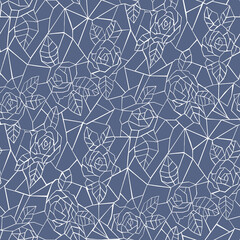 seamless pattern with roses, white line drawing flowers on  blue background 