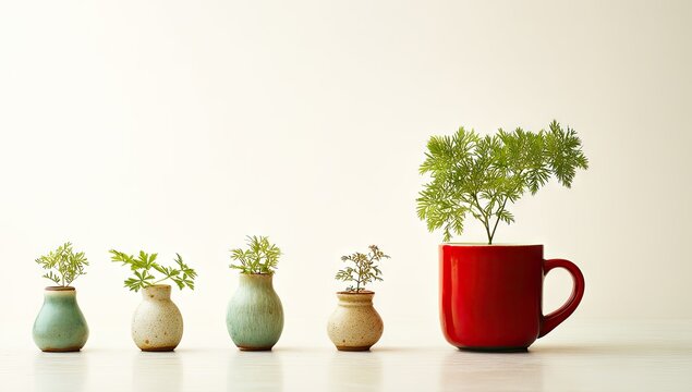 A minimalist arrangement of small ceramic pots and a red mug, each holding a small plant, creates a serene and peaceful scene against a bright white background.