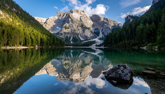 A serene lake perfectly mirrors snow-capped mountains and lush forests under a clear, blue sky. Calm waters reflecting nature