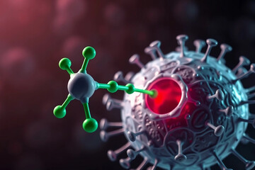 PFAS molecule interacts with a human cell. Visualization of the process of cell interaction. Environmental cleanliness concept