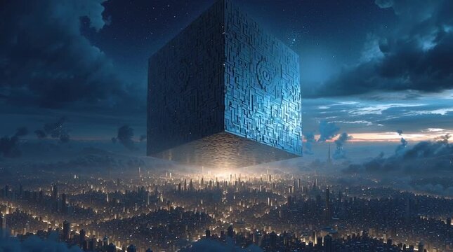 Breathtaking wide cinematic view of the glowing, cube-shaped city of New Jerusalem descending through parted clouds toward a renewed Earth, symbolizing divine promise, hope, and heavenly fulfillment.
