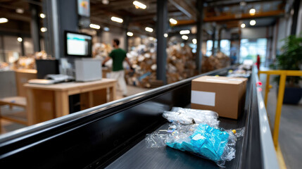 An image capturing a warehouse interior filled with plastic waste, showcasing a conveyor belt where items are sorted, highlighting the recycling process and facilities.