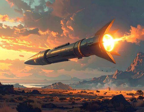 Futuristic rocket launching over a desert landscape at sunset