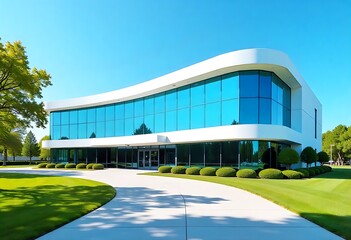 Modern hospital architecture with minimalist design, glass facade, and spacious parking lot. Bright daytime setting under blue sky with clean, professional, urban exterior ideal for healthcare.
